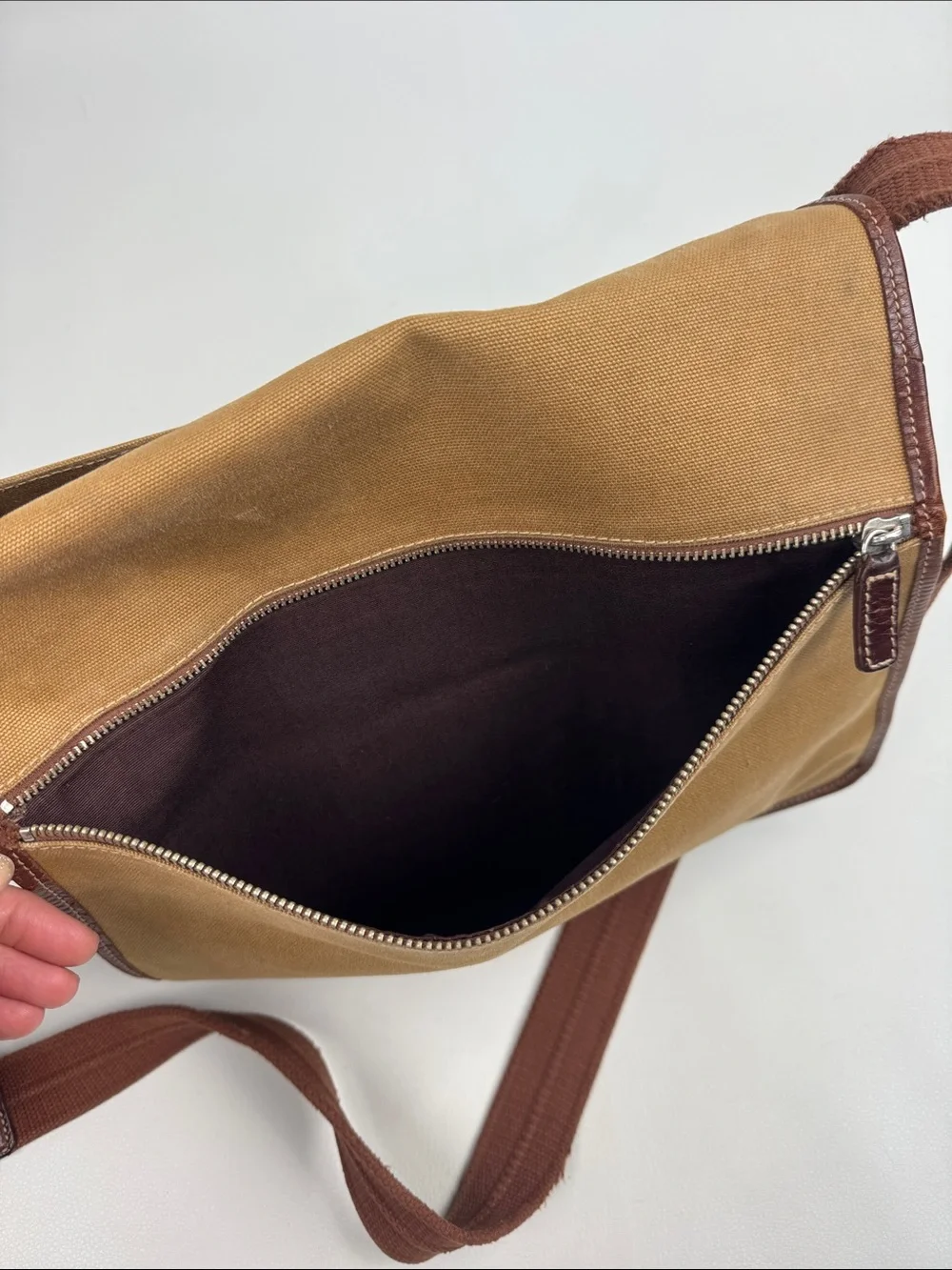 Vintage Fossil Tan Canvas Messenger crossbody Bag Brown Leather Trim Pockets